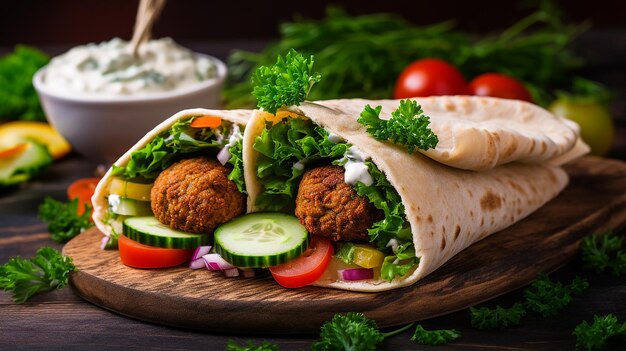 falafel en verse groenten in pitabroodje met saus op houten leisteen