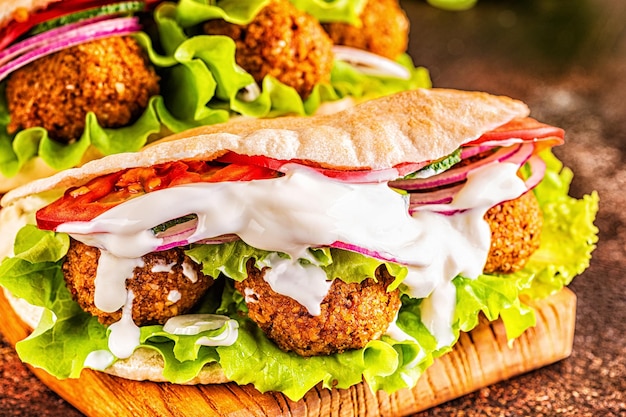 Falafel and fresh vegetables in pita bread