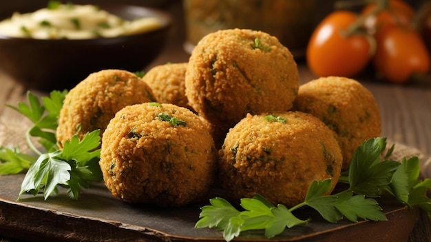 Falafel op een tafel op een houten bord met peterselie of koriander veganistisch voedsel generatieve AI