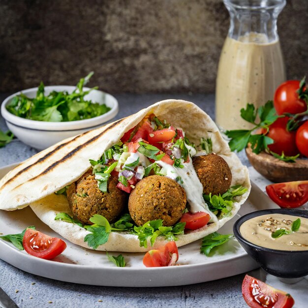 Photo falafel in pita bread with chopped tomato salad and drizzle of tahini sauce on topfood photography