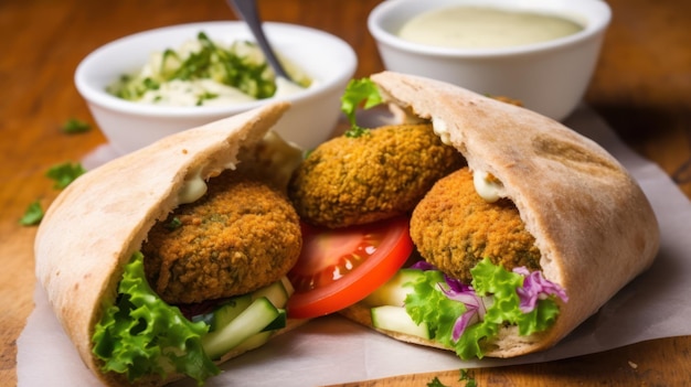 A falafel sandwich with a bowl of salad and a bowl of dressing