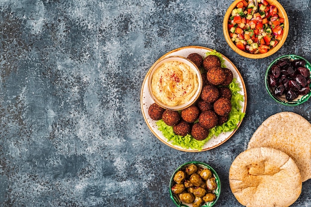 Falafel - traditional dish of Israeli and Middle Eastern cuisine, top view.