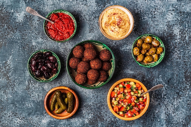 Falafel - traditional dish of Israeli and Middle Eastern cuisine, top view.