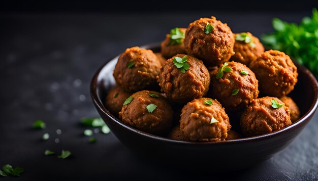 Foto falafelballen in een keramische schaal op een zwarte achtergrond