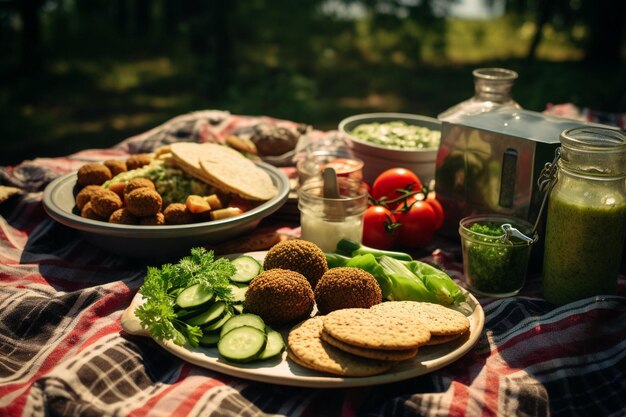 Foto un cesto da picnic a tema falafel con tutti gli ingredienti