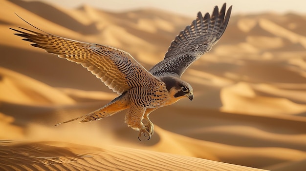 A falcon flies over dunes with desert background