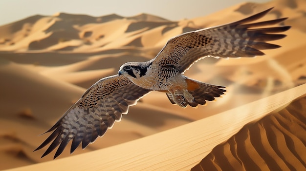 A falcon flies over dunes with desert background