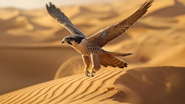 A falcon flies over dunes with desert background