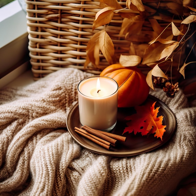 Fall aesthetics autumn interior decor with cozy blanket and burning candles closeup shot