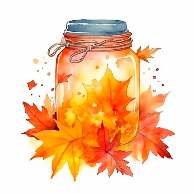 Fall autumn floral mason jar Autumn lights cozy fall AI watercolor generative