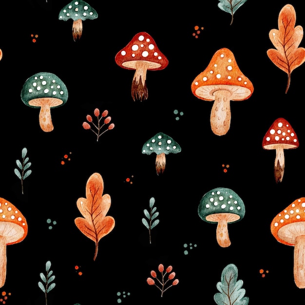 Fall autumn fungus amanita leaves autumn seamless watercolor pattern