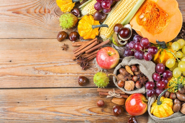 Fall autumn harvest background with pumpkin apple chestnut corn