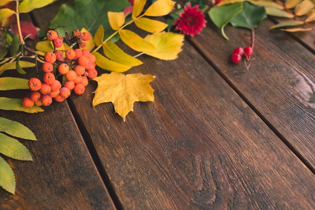 写真 素朴な木製の壁に秋の紅葉が混ざり合う