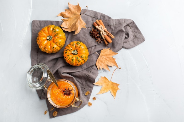 Fall autumn pumpkin jam confiture with spices