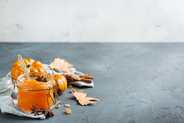 Fall autumn pumpkin jam confiture with spices