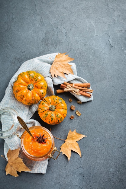 Fall autumn pumpkin jam confiture with spices