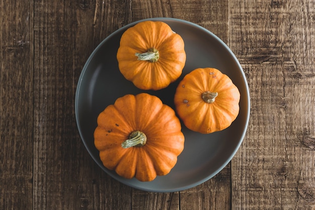 Осень, осенний день благодарения с оранжевой тыквы в тарелку на деревенском дереве