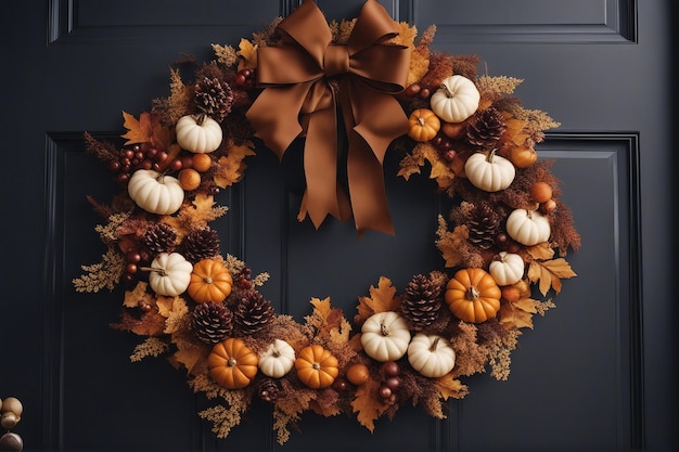 Fall autumn wreath on wooden brown door