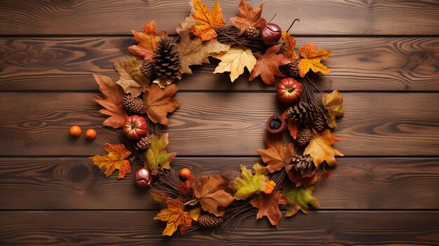 Fall autumn wreath on wooden brown table