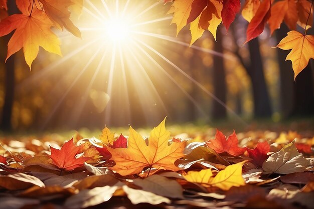 Fall background Autumn colorful leaves and sun flares