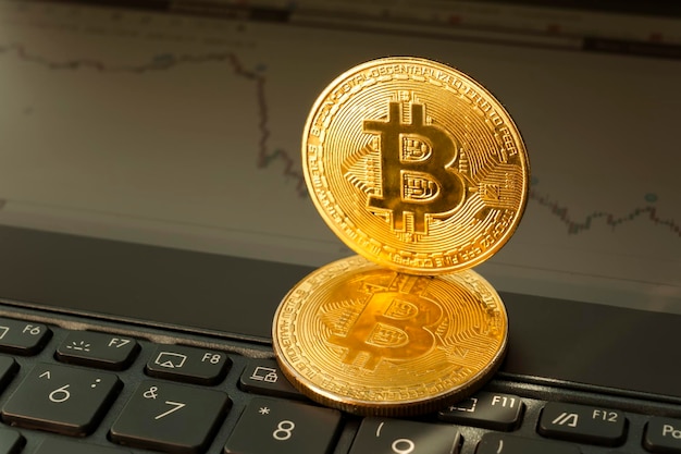 Fall of bitcoin exchange rates on stock exchange coin of golden bitcoin on background of the graph Trading chart displayed on the screen of the laptop Stock market trend line in a candlestick form