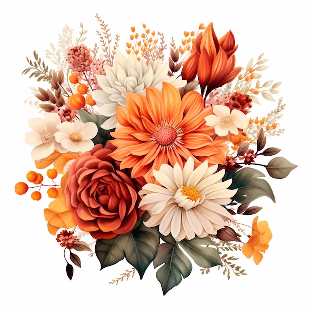 Fall botanical watercolor bouquet isolated illustration AI generative