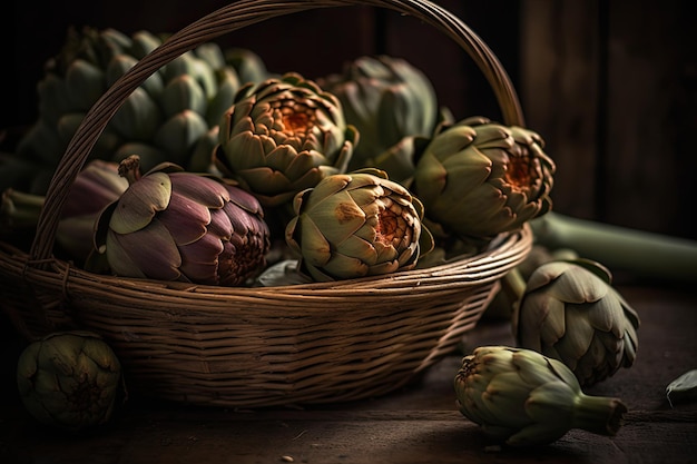 Fall Bounty Artichoke Food Photography with Depth of Field and a Basket of Autumn Fruits