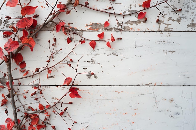 Fall Branches Growing on a Painted White Wooden Surface