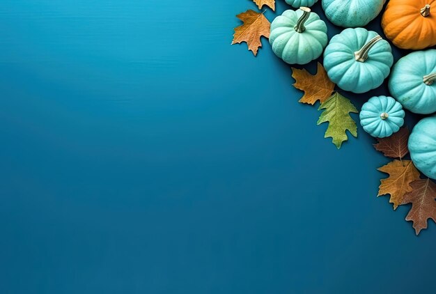 fall colorful decorations on a blue surface in the style of light turquoise