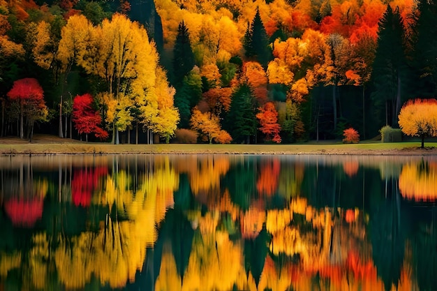 The fall colors are reflected in the lake.