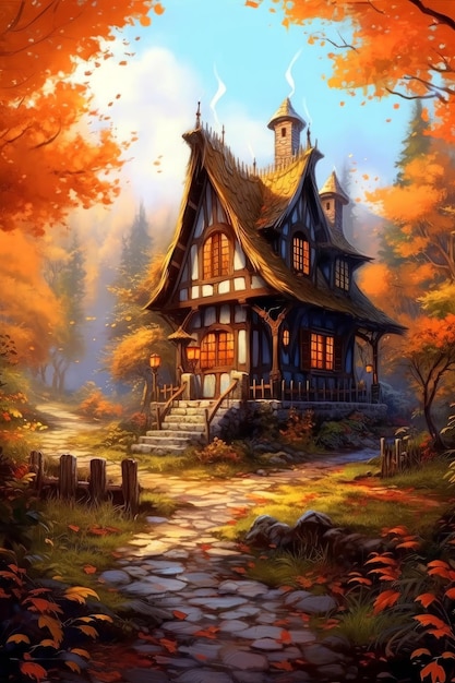 Осенний домик, украшенный осенними листьями