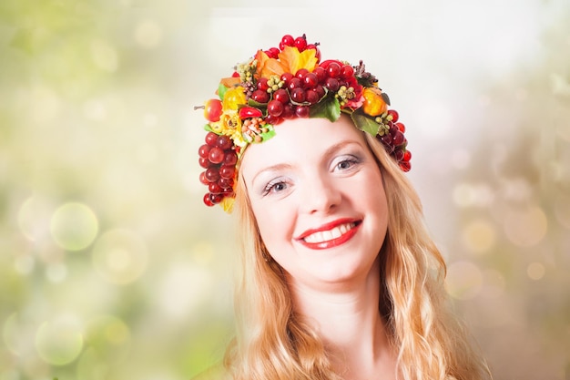 Fall crop and leaves wreath on the woman head. Fashion portrait