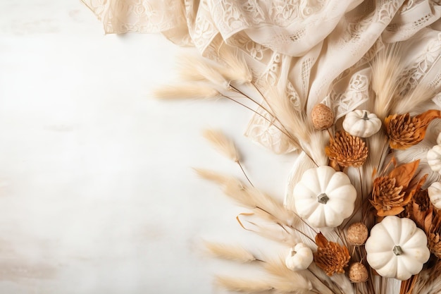 オフホワイトの背景に秋の装飾ネット袋のカボチャ乾燥した葉マクラメ パッド編み枝編み細工品の葉 w