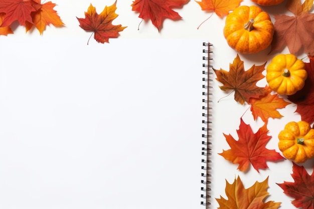 Foto fogliame autunnale e vibrazioni accattivanti autunno piatto con piccole zucche foglie di acero e