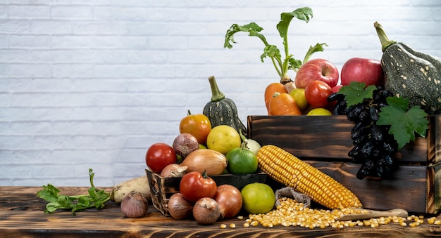 Fall harvest and Autumn season with organic fruit and vegetable on wood table