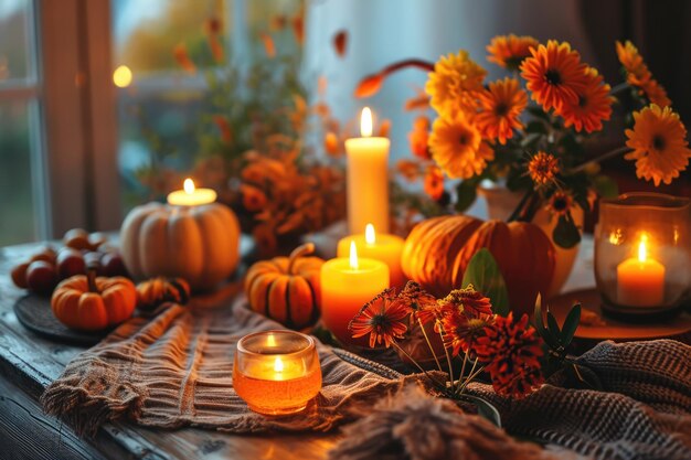 Fall Harvest Home Decor Cozy Autumn Room with Candles Pumpkins and Flowers