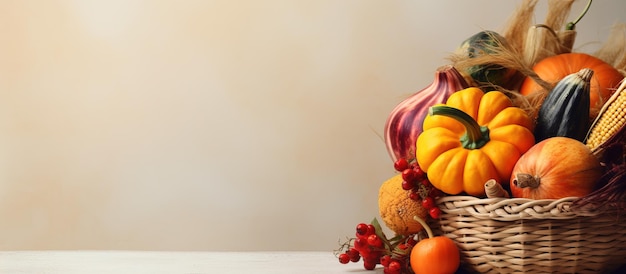 Fall harvest produce and wicker basket on a light backdrop autumn design harvest concept