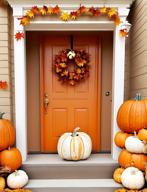 Fall Home Decor in front of door with pumpkin generative AI