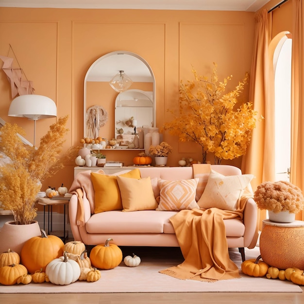 Осенний домашний декор в пастельных оранжево-желтых тонах
