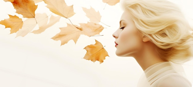 秋の水平のバナーとコピースペース 白い背景で若い女性と落ちる葉