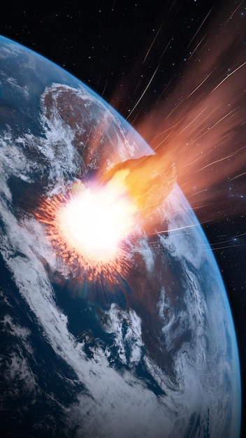 Caduta enorme asteroide sulla terra grande esplosione armageddon fine del mondo distruzione del pianeta terra da parte di un enorme asteroide rendering 3d