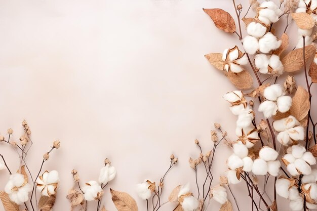 Fall inspired composition with eucalyptus branches cotton flowers and dried leaves on a pastel gray