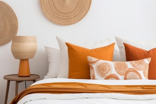 Fall interior pillow home orange design bed decor modern lamp indoor Generative AI