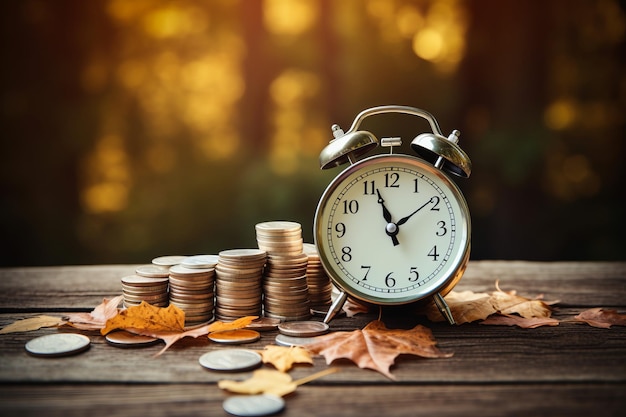 Fall into Savings Autumnthemed Alarm Clock and Money Coins on a Rustic Wooden Table