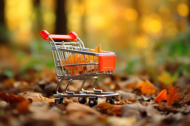 Fall into savings mini toy grocery shopping trolley cart with autumn leaves on nature's black frida