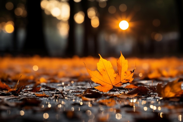 Fall leaves are falling onto a ground in the style of bokeh panorama orange detailed landscapes