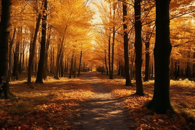 Fall leaves in a peaceful forest clearing