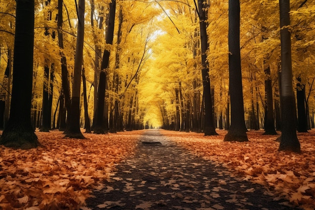 Fall leaves in a peaceful forest clearing