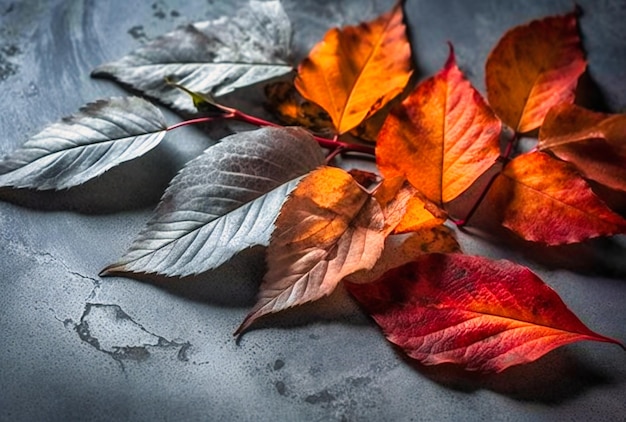 Fall leaves in various colors lay with a concrete background