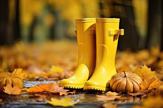 Fall leaves yellow umbrella rubber boots in a puddle a depiction of autumn